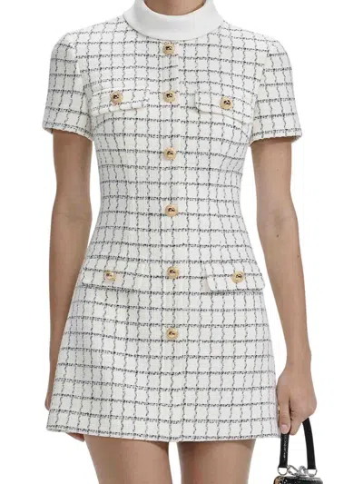 Self-portrait White Mini Dress With Jewel Buttons And All-over Check Motif In Tech Fabric Woman In White