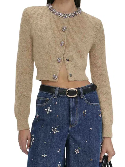 Self-portrait Alpaca Cardigan With Jewel Decorations In Brown