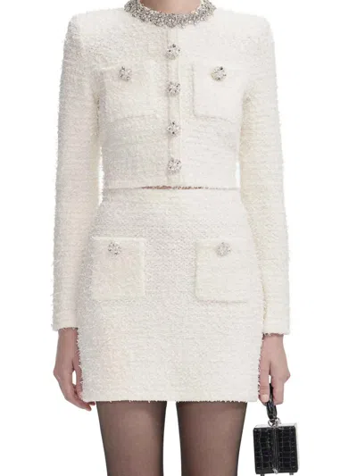 Self-portrait White Crewneck Cropped Cardigan With Crystal Embellishments On The Collar In Cotton Blend Woman In White