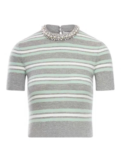 Self-portrait Fitted Grey Top With Striped Pattern And Round Neckline In Multi