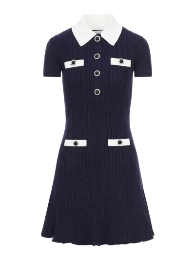 Self-portrait Mini Knitted Dress With Contrasting Collar In Blue