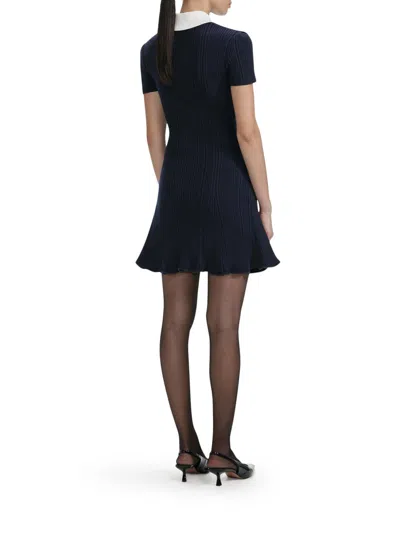 Self-portrait Mini Knitted Dress With Contrasting Collar In Blue