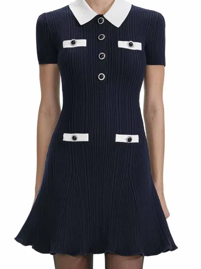 Self-portrait Mini Knitted Dress With Contrasting Collar In Blue