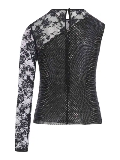 Self-portrait Self Portrait Women Black Rhinestone Mesh And Lace Top In Black
