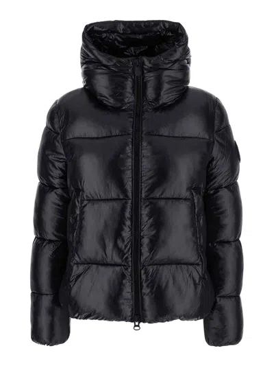 Save The Duck Biddy Black Down Jacket With Hood And Logo Patch On The Sleeve In Tech Fabric Man In Black