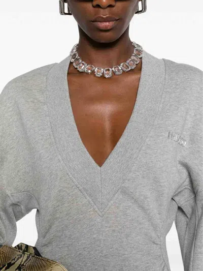 Attico Grey Mini Dress With V Neck And Logo Lettering On The Front In Cotton Woman In Gray