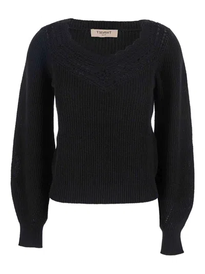 Twinset Black Sweater With Embroidered Collar And Elastic Cuffs In Wool And Cotton Woman In Black