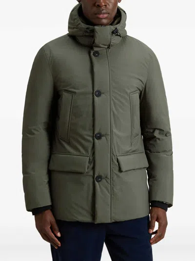 Woolrich Hooded Button-fastening Padded Jacket In Green