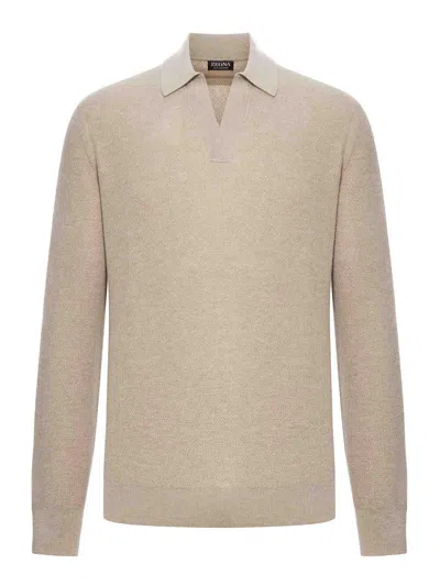 Zegna Cashmere Polo With Long Sleeves And Ribbed Hem In Neutral