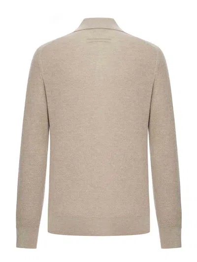 Zegna Cashmere Polo With Long Sleeves And Ribbed Hem In Neutral