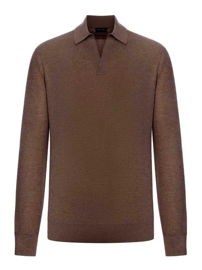Zegna Cashmere Jacquard Long Sleeve Polo In Brown
