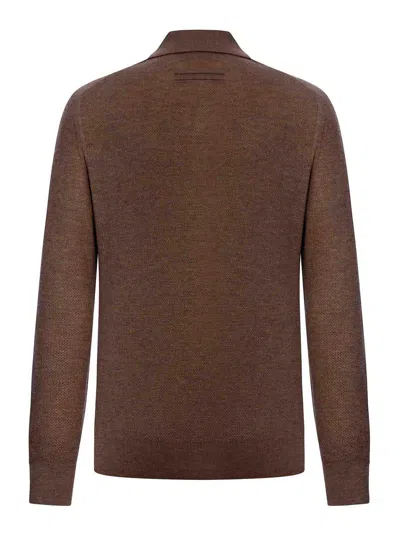Zegna Cashmere Jacquard Long Sleeve Polo In Brown