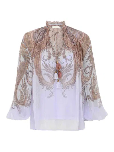 Zimmermann Multicolor Blouse With Ruched Collar And All-over Paisley Motif In Viscose Woman In Blue