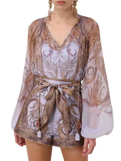 Zimmermann Multicolor Blouse With Ruched Collar And All-over Paisley Motif In Viscose Woman In Blue