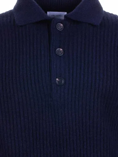 Malo Long Sleeve Ribbed Polo Sweater In Blue