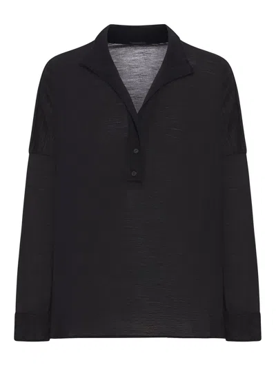 Transit Oversized Polo Shirt In Wool Jersey With Boiled Wool Inserts In Black