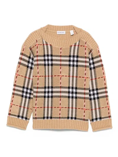 Burberry Kids Beige Signature Check Pattern Long Sleeves Crew Neck Wool Knitted In Brown