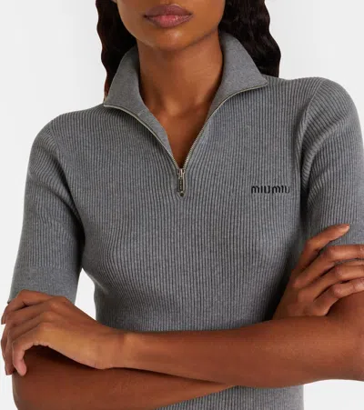 Miu Miu Cotton Half-zip Sweater In Gray