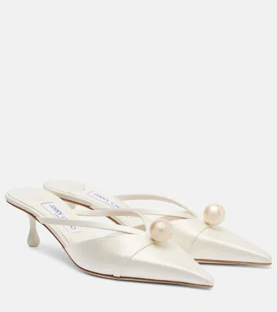 Jimmy Choo Satin Mules With Pearl Detail And Kitten Heel In White