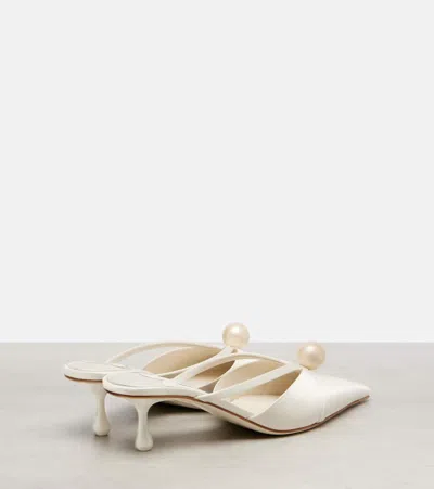 Jimmy Choo Satin Mules With Pearl Detail And Kitten Heel In White