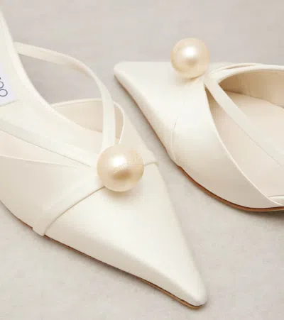 Jimmy Choo Satin Mules With Pearl Detail And Kitten Heel In White