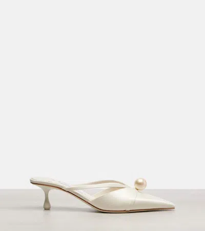 Jimmy Choo Satin Mules With Pearl Detail And Kitten Heel In White