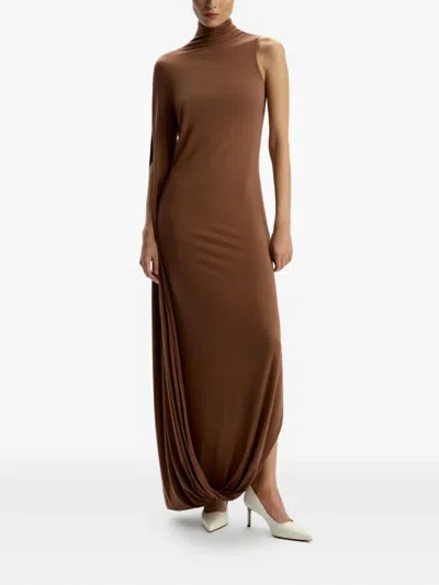 12 Storeez Draped One-shoulder Maxi Dress In Brown