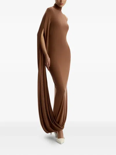 12 Storeez Draped One-shoulder Maxi Dress In Brown
