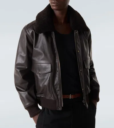 Lemaire Shearling-trimmed Leather Blouson Jacket In Brown