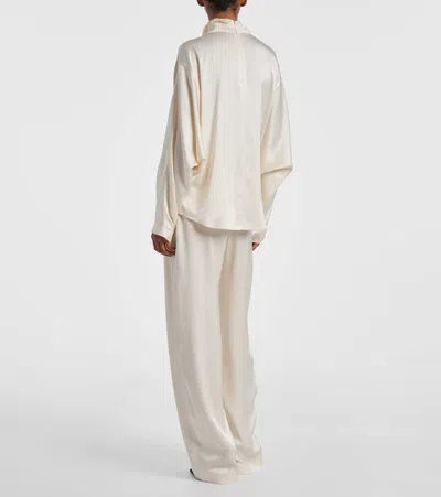 Brunello Cucinelli Turtleneck Fluid Silk Long-sleeve Blouse In White