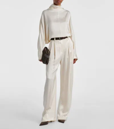 Brunello Cucinelli Turtleneck Fluid Silk Long-sleeve Blouse In White