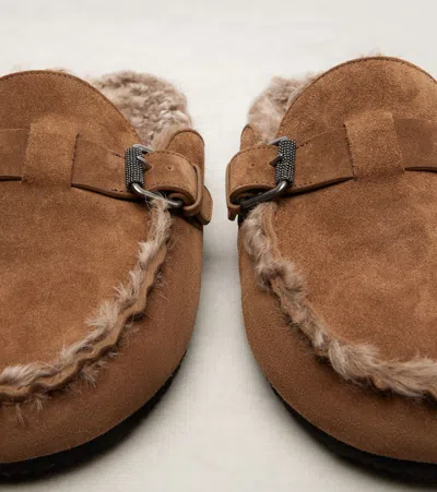 Brunello Cucinelli Shearling-lined Suede Slippers In Brown