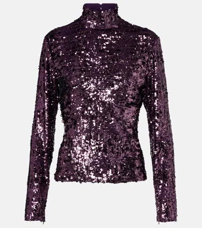 Rabanne Womens Beetroot Purple Mock-neck Sequin Woven Top In Brown