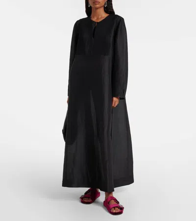 Tory Burch Pleated Linen And Silk Kaftan In Black