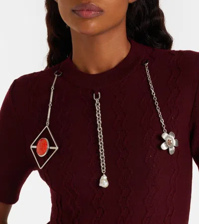 Prada Openwork Motif Wool Sweater With Pendants In Burgundy