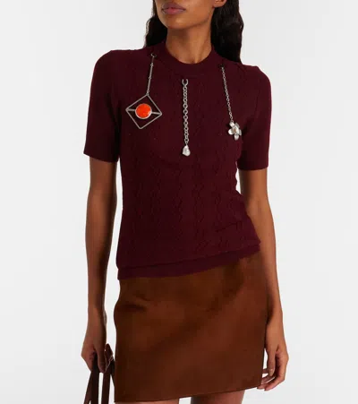 Prada Openwork Motif Wool Sweater With Pendants In Burgundy