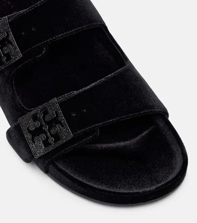Tory Burch Mellow Pave Velvet Dual-buckle Slide Sandals In Black