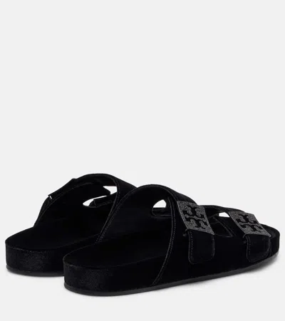 Tory Burch Mellow Pave Velvet Dual-buckle Slide Sandals In Black