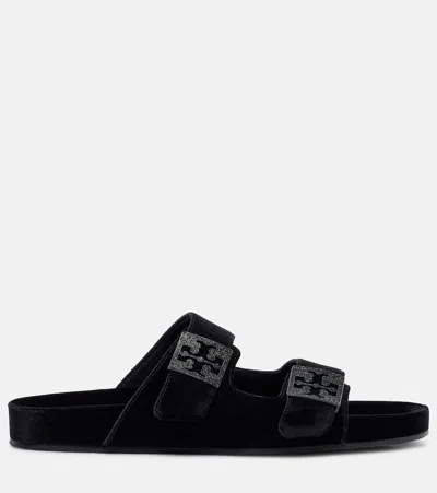 Tory Burch Mellow Pave Velvet Dual-buckle Slide Sandals In Black