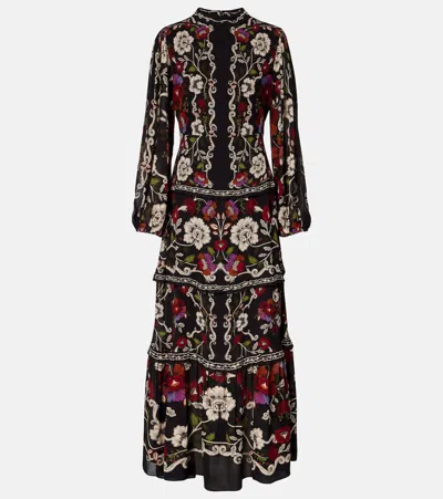 Farm Rio Rococo Floral Long Sleeve Tiered Maxi Dress In Black