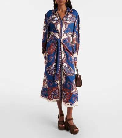Farm Rio Blue Arabesque Scarf Lenzing Ecovero Viscose Midi Dress In Multi