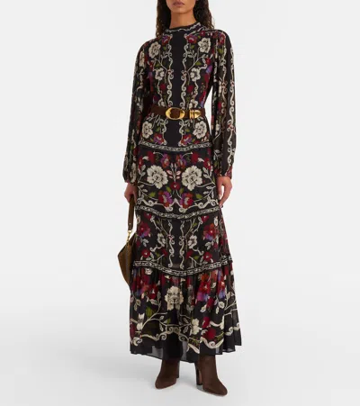 Farm Rio Rococo Floral Long Sleeve Tiered Maxi Dress In Black