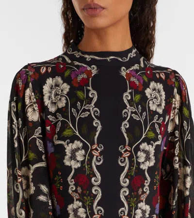 Farm Rio Rococo Floral Long Sleeve Tiered Maxi Dress In Black