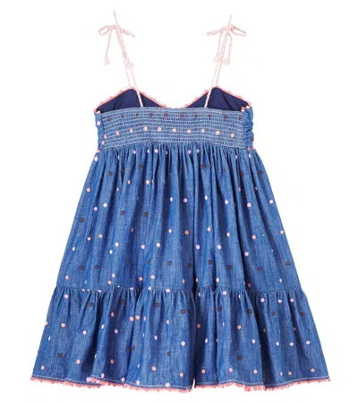 Zimmermann Embroidered Polka-dot Denim Dress In Blue