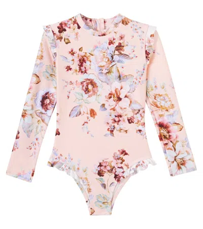 Zimmermann Floral Ruffled Rashguard Swimsuit In Multi
