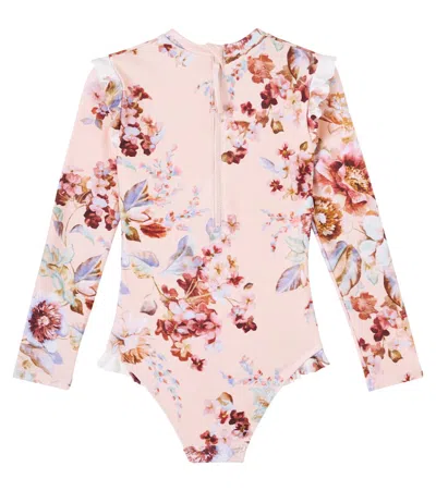 Zimmermann Floral Ruffled Rashguard Swimsuit In Multi