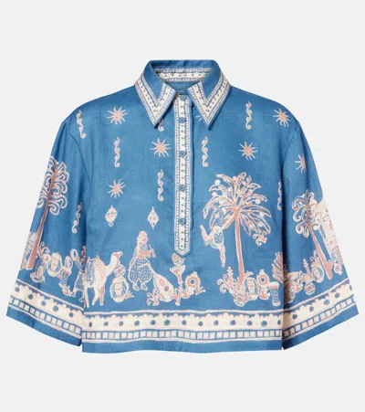 Alemais Acacia Cropped Printed Linen Shirt In Blue
