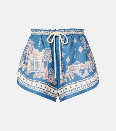 Alemais Acacia Printed Linen Shorts In Blue