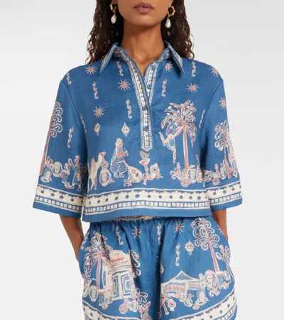 Alemais Acacia Cropped Printed Linen Shirt In Blue