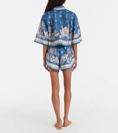 Alemais Acacia Printed Linen Shorts In Blue